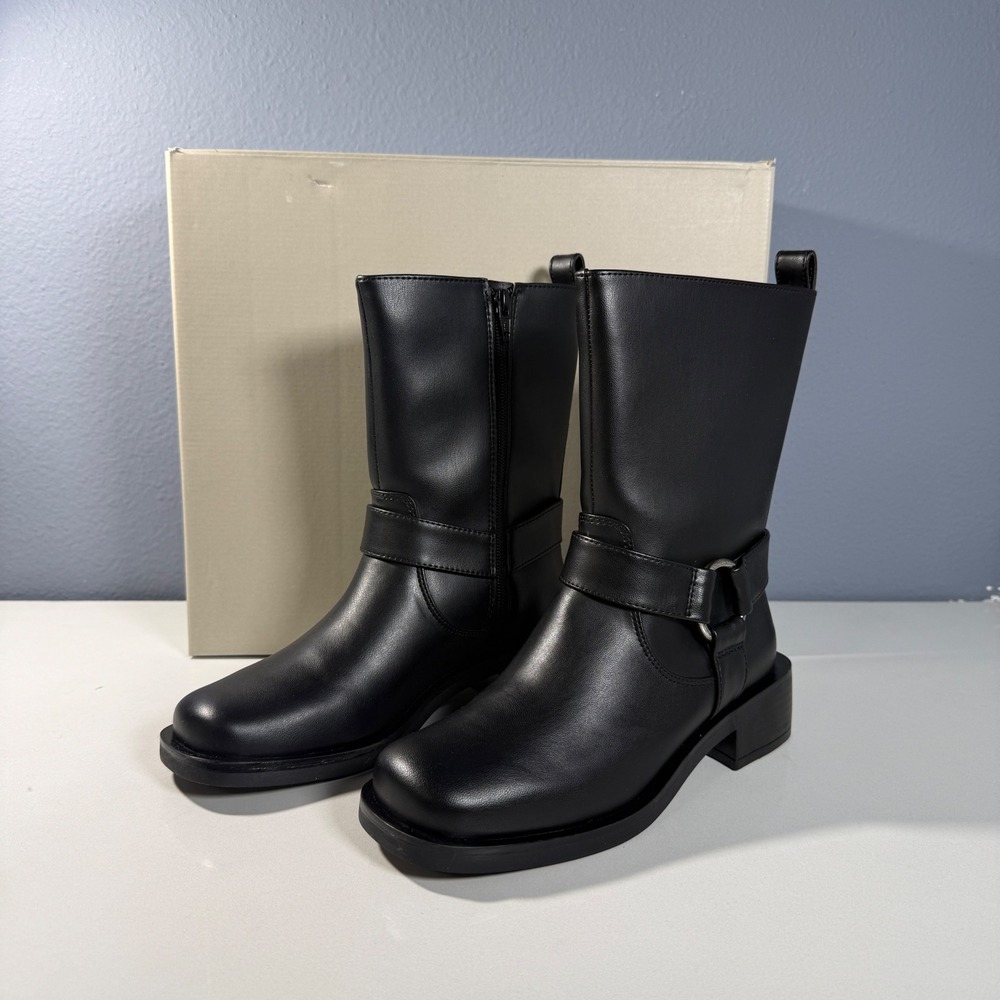Kenneth Cole Reaction Diona Black Moto Harness Boots‎ Square Toe Womens 5.5 M